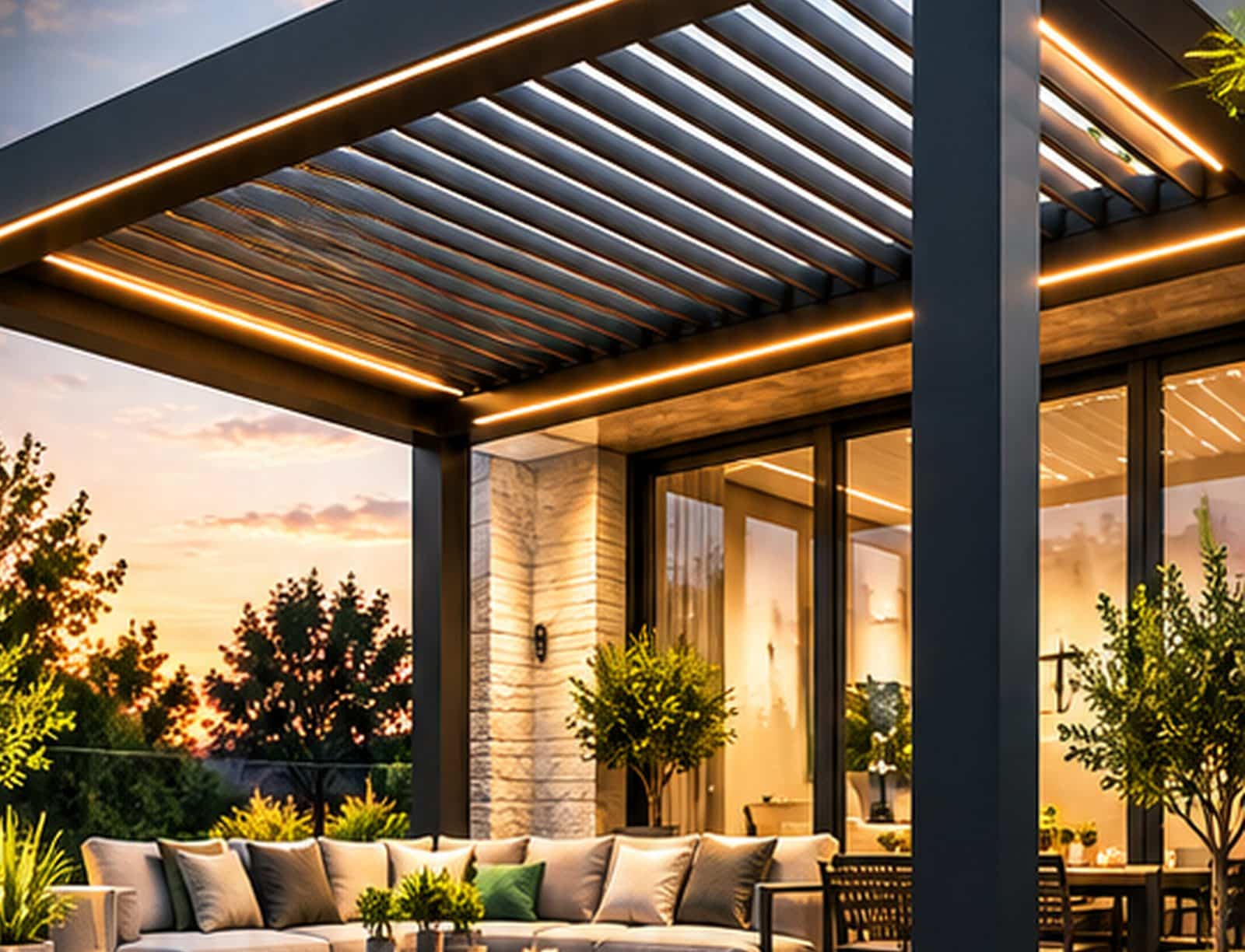 Pergola bioclimatique à lames orientables avec éclairage LED